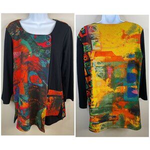 Ali Miles Art To Wear Asymmetrical Tunic Top S Abstract AOP Zip Pocket Pullover